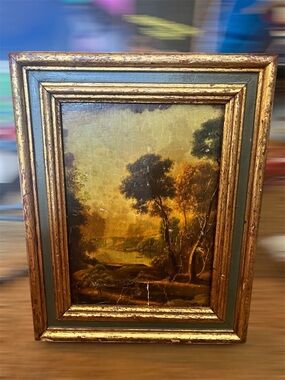 Traditional Gold-Framed Landscape Painting in Green and Gold